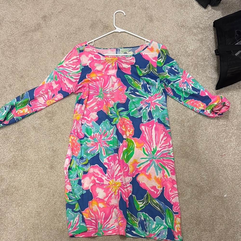 Pink and Blue Sheath Dress with 3/4 Sleeves for Casual Wear